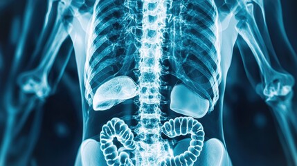 High-resolution X-ray of the human torso, focusing on internal organs like the stomach and intestines, representing advanced medical diagnostics