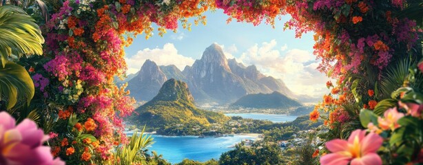 Naklejka premium Floral Paradise: A breathtaking vista of a serene tropical landscape framed by vibrant blossoms, where lush mountains meet azure waters under a cerulean sky.