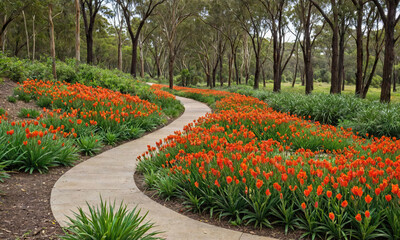 A winding path leads through a lush garden with vibrant orange flowers