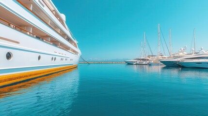 Fototapeta premium Cruise ship docked at a modern marina, surrounded by luxury yachts and contemporary architecture, modern marina, nautical luxury