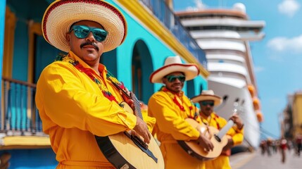 Cruise ship docked at a vibrant port town, with street performers and local musicians welcoming visitors, port town, local culture