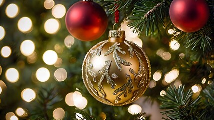 Golden Christmas decoration ball. Christmas ornament close-up view