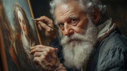 Obraz premium Elderly Artist in Deep Concentration Painting a Portrait