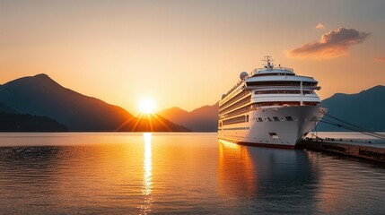 Sunset view of a cruise ship docked at a quiet bay, the sky painted with warm hues, sunset bay, romantic setting