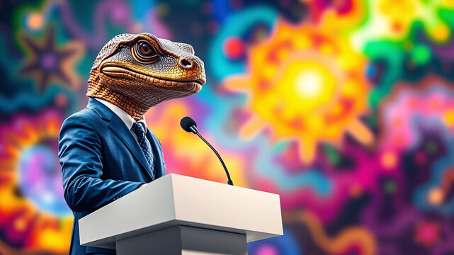 The face of a leader with a reptile face. The leader in a blue suit is standing and speaking with a microphone on a white podium, blurred background,