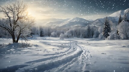 winter landscape in the mountains. winter snowfall background.