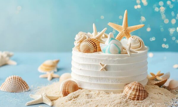 Beach-themed birthday cake with seashells and edible sand