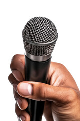 A microphone is being held by a person's hand. on transparent background png