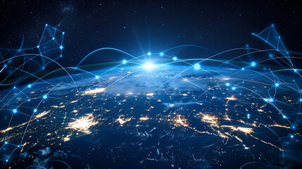 Connections system and global datas exchanges over the globe 3D rendering elements  ,space on planet Earth with glowing connection lines around it,Global worldwide networking and futuristic technolog