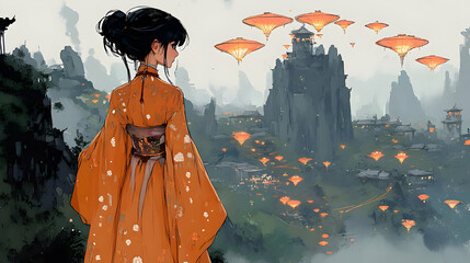 Fototapeta premium Woman in Kimono Gazes at Floating Lanterns Above Cityscape