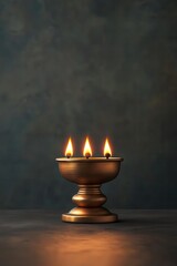 Traditional brass lamp, lit with multiple wicks, 3D illustration