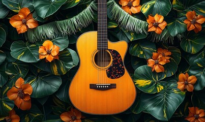 Vibrant acoustic guitar on sunny yellow background, surrounded by cacti and flowers, perfect for Day of the Dead (Dia De Los Muertos) celebrations and decorations.