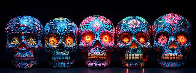 Fototapeta premium Vibrant sugar skulls glowing against a dark background, perfect for Day of the Dead celebrations, with space for text. Ideal for festive marketing materials.