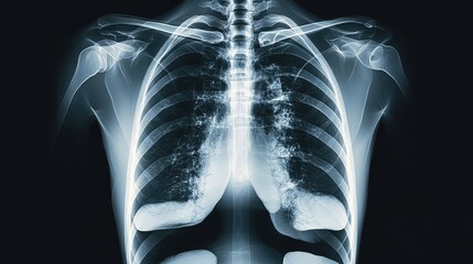 Human chest X-ray with a focus on internal organs, highlighting diagnostic areas for treatment, demonstrating the capabilities of modern medical imaging