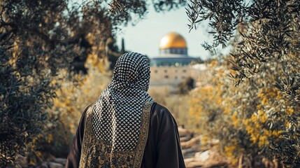 Obraz premium A man in a traditional Palestinian keffiyeh and thobe,