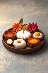 Puja thali, with offerings, flowers, and incense, 3D illustration