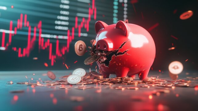 A cracked piggy bank spills coins, symbolizing financial loss amidst rising market graphs.