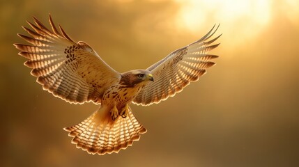 Fototapeta premium A hawk in flight, showcasing its majestic wings against a warm, glowing background.