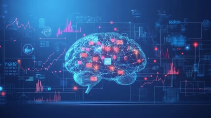 A visual representation of a brain intertwined with digital data and analytics, symbolizing artificial intelligence and cognitive technology.