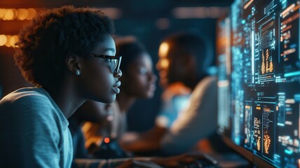 Obraz premium A focused individual interacts with digital screens, engaging in programming or data analysis, surrounded by fellow tech enthusiasts in a modern workspace.