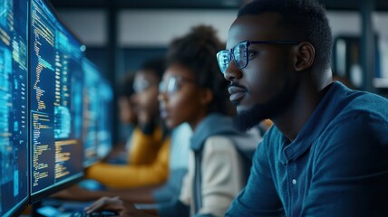 A focused group of diverse individuals works intently on computers, analyzing data with code displayed on large screens in a modern tech environment.