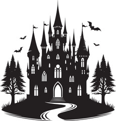 Obraz premium Ancient Haunted Castle silhouette vector illustration isolated on a white background