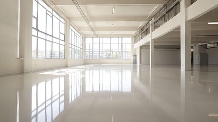 Fototapeta premium Industrial area with a smooth epoxy resin floor, bright and open space, suitable for a workshop or warehouse. Newly renovated and ready for use.