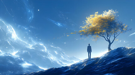 A Lone Figure Stands Before A Golden Tree on A Blue Planet