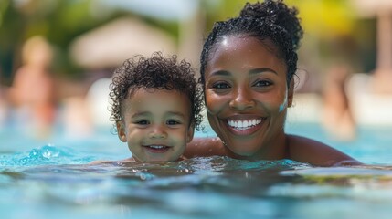Happy Mother and Son Enjoying Summer Pool Day