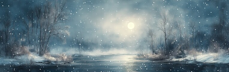 Traditional Chinese watercolor of snowy winter landscape with trees and river