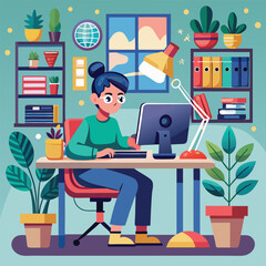 cartoon office worker with computer