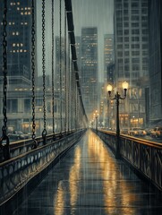 Obraz premium Chains of a bridge in the rain with illuminated cityscape at night
