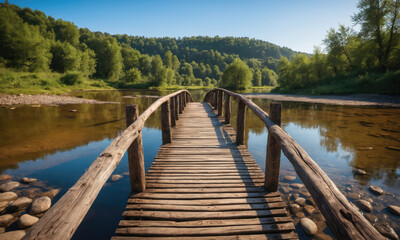 A wooden bridge stretches across a calm river, leading to a lush forest on a sunny day