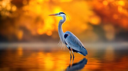 Naklejka premium A heron stands gracefully in calm waters, surrounded by vibrant autumn foliage.