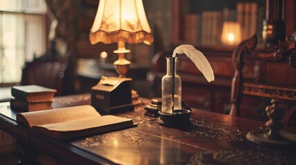 Elegant Edwardian Writing Desk with Quill and Ink Bottle