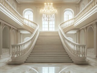 Elegant white marble staircase in a luxurious grand home with a chandelier above.