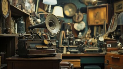 Fototapeta premium Antique Store Inventory. Old Gramophone, Sewing Machine and Other Early Twenty Century Stuff