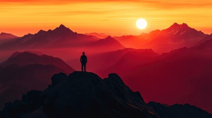 A silhouette of a person against a vibrant sunset over mountainous terrain.