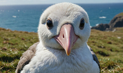 A young albatross stares into the camera on a cliff overlooking the ocean