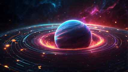 Colorful Bright 3D Planet with Neon Rings, Galaxy planets digital art