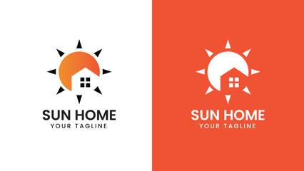 Sun Rays with House, Morning Sunrise Home with Slice Lime Orange for Real Estate Logo Design