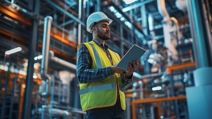 A man in a yellow safety vest is looking at a tablet while standing in a factory
