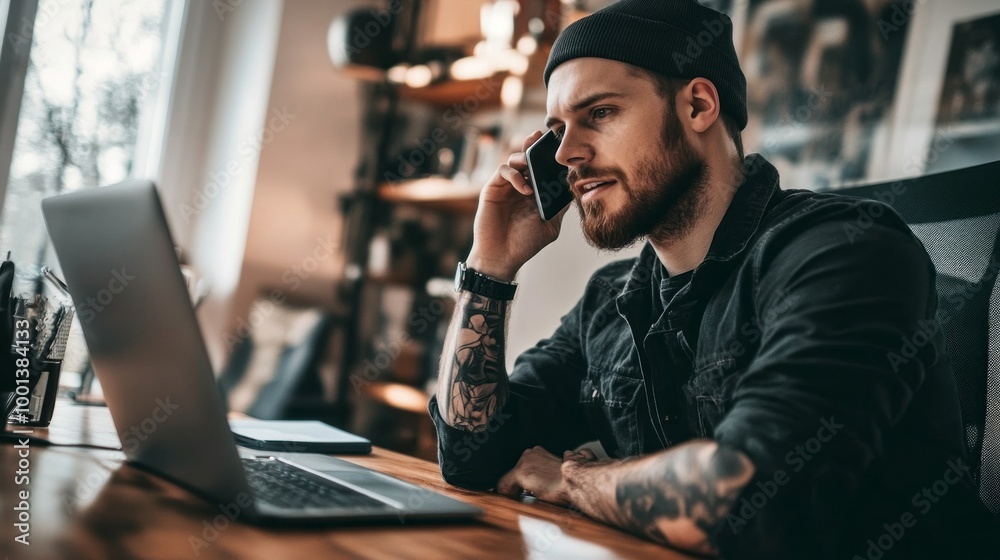 Poster a man with a beard is talking on his cell phone while sitting at a desk with a l