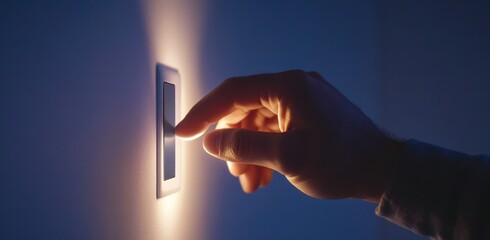 Naklejka premium Close-up of a man's hand turning on a light switch in a home, with a white wall background. The man is touching a modern digital touch panel light with a minimalist design