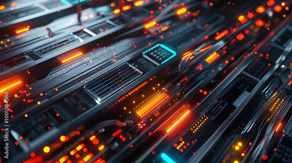 Poster Abstract futuristic tech background with glowing lights.