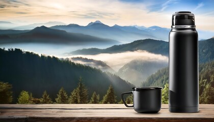 A black thermos sits on a rustic wooden surface overlooking serene forested mountains shrouded in mist during a tranquil morning. Generative AI