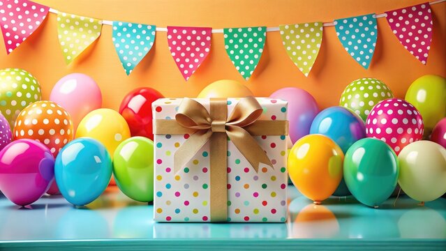 Colorful gift box with polka dots surrounded by vibrant balloons and festive decorations.