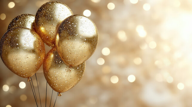Golden balloons with glitter sparkle against a backdrop of warm, out-of-focus lights, featuring the number nine.
