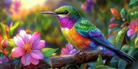 Fototapeta premium A vibrant hummingbird perched on a branch amidst blooming flowers, its iridescent plumage shimmering in the warm sunlight.