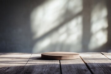 A simple circular wooden platform, partially covered in shadows, designed for elegant product presentation and display.